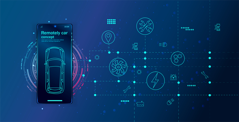 Neuerung 2025: Ein Smartphone, das eine Grafik eines fernsteuerbaren Autos darstellt, daneben weitere technische, grafische Symbole