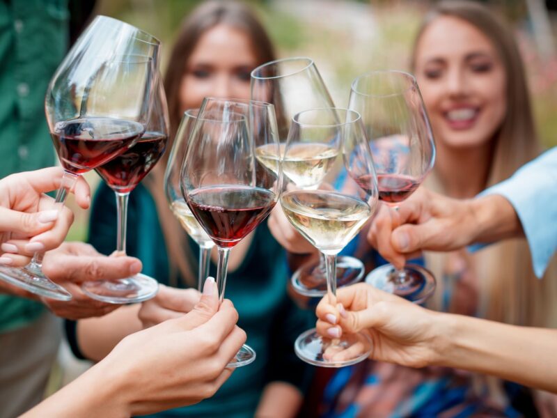 Gruppe von Freundinnen, die mit Wein anstoßen